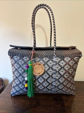 Handwoven Gray and Brown Tote with Green Tassel Charm